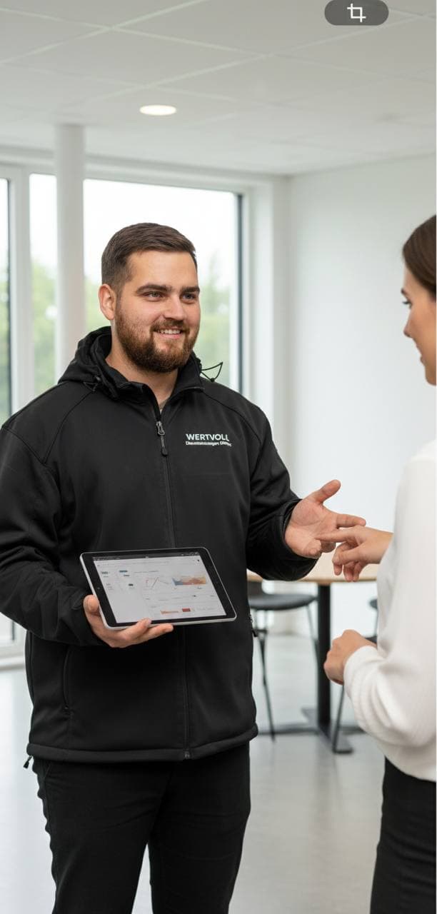 Markus Knaub bei der persönlichen Kundenberatung mit Tablet — Ihr Ansprechpartner für Schimmelpilzbegutachtung in NRW